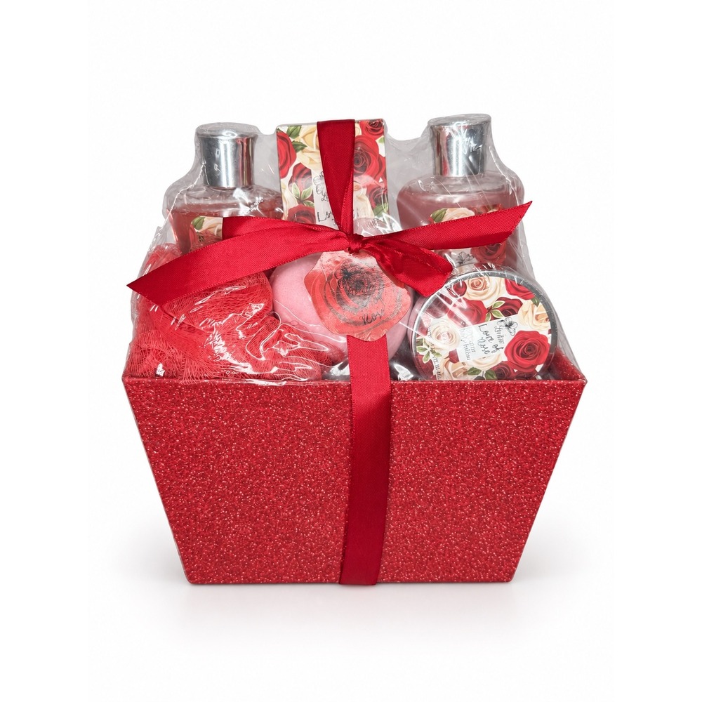 Star Deals Love of Rose 7 Piece Spa Gift Set Red Glitter Basket Bath Body Kit